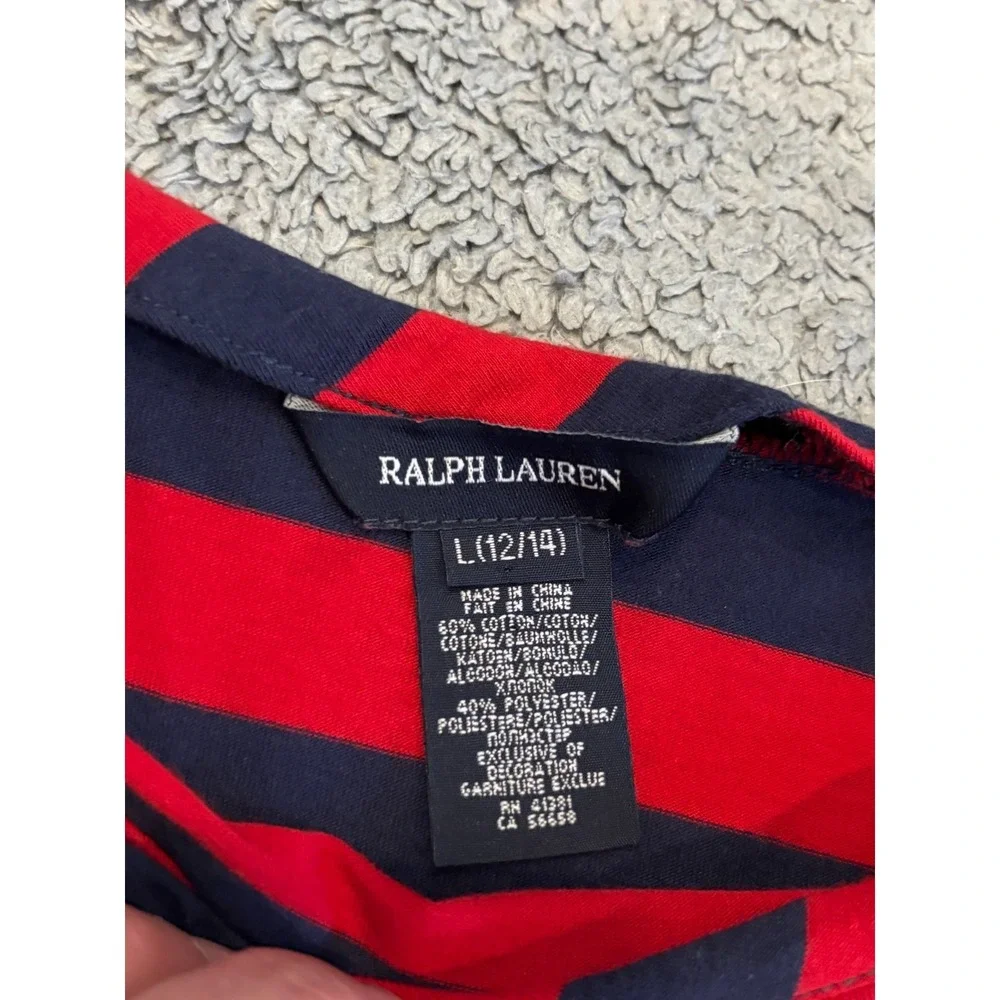 VTG Ralph Lauren Girls Shirt Dress Size L 12-14 Red Blue Striped Elastic Waist